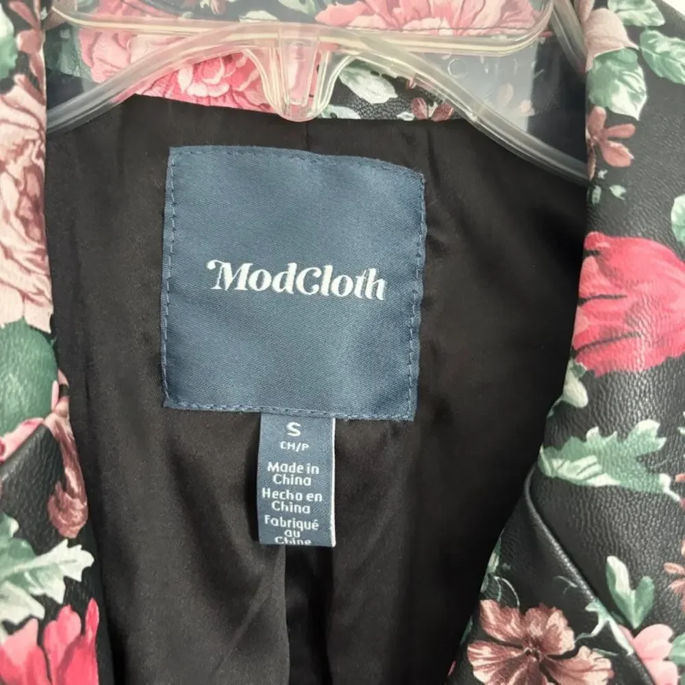 ModCloth Floral Vegan Leather Moto Jacket – Faux Leather – Size S- Rock Girly